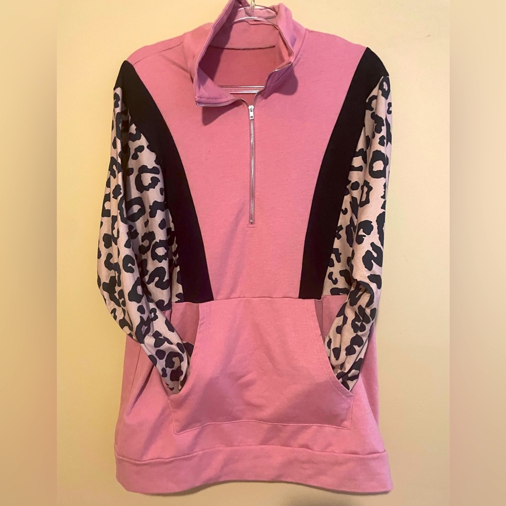 Pink Front Zip Pullover with Leopard Sleeve